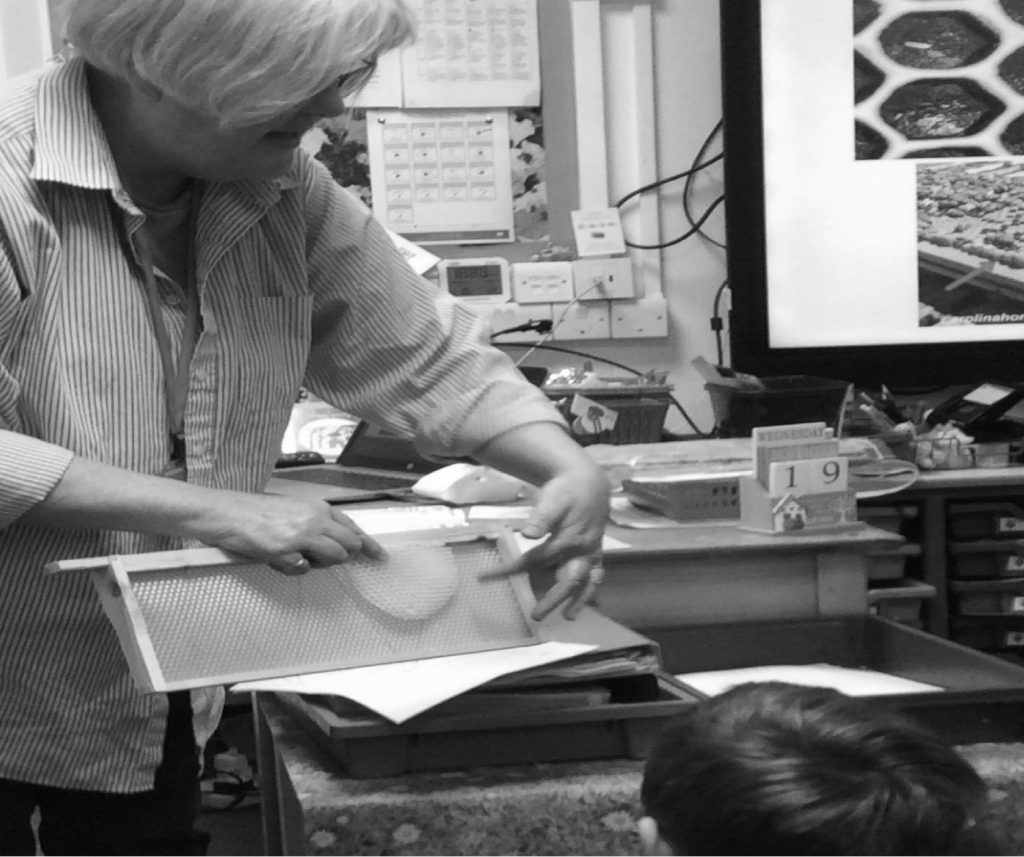 Laura showing beekeeping equipment to children during a hands-on presentation